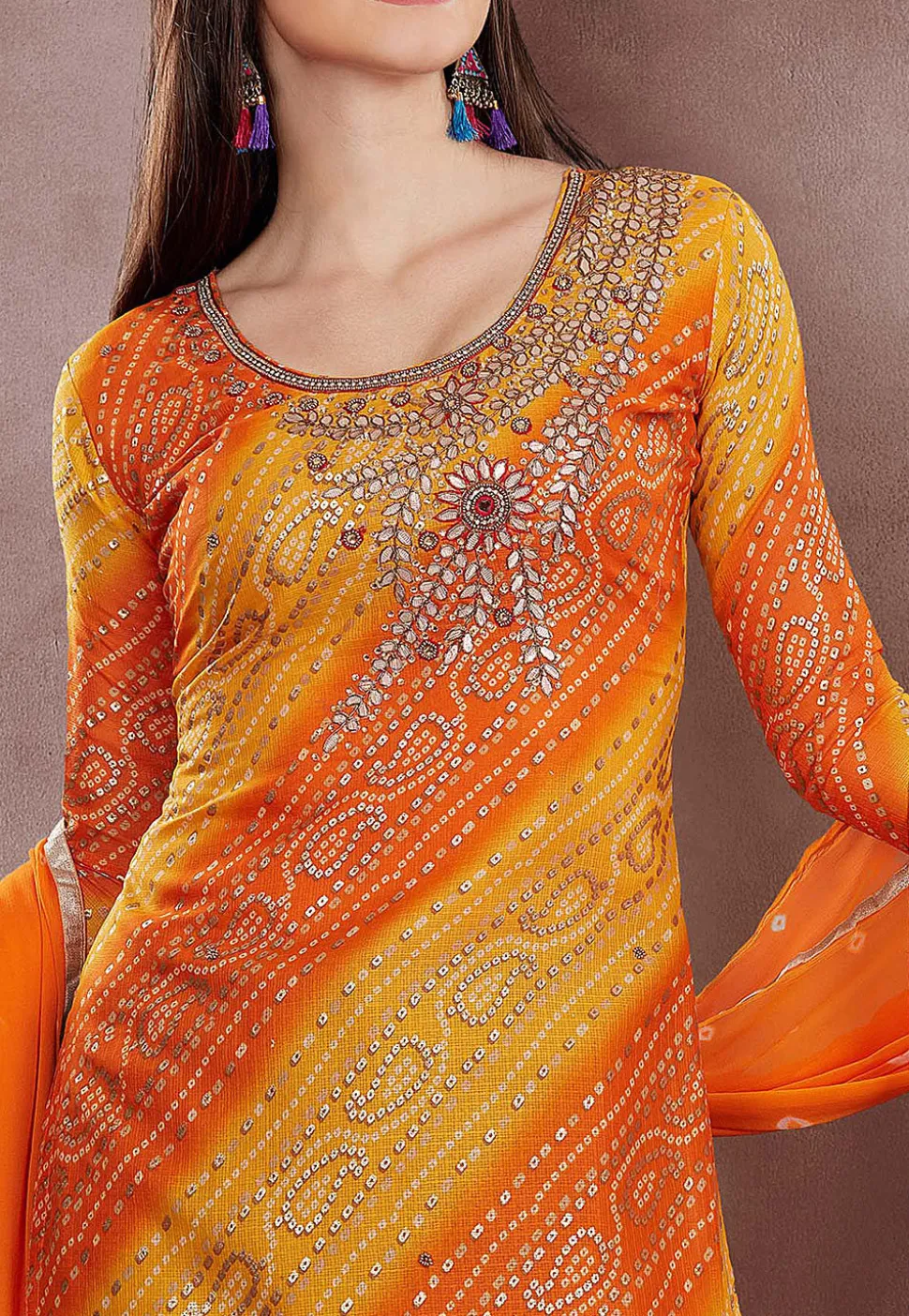 Bandhej Printed Super Net Straight Suit in Orange