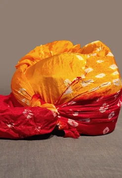 Bandhej Printed Taffeta Silk Turban in Mustard and Red