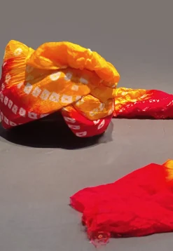 Bandhej Printed Taffeta Silk Turban in Mustard and Red