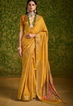 Bandhej Printed Tussar Silk Saree in Mustard