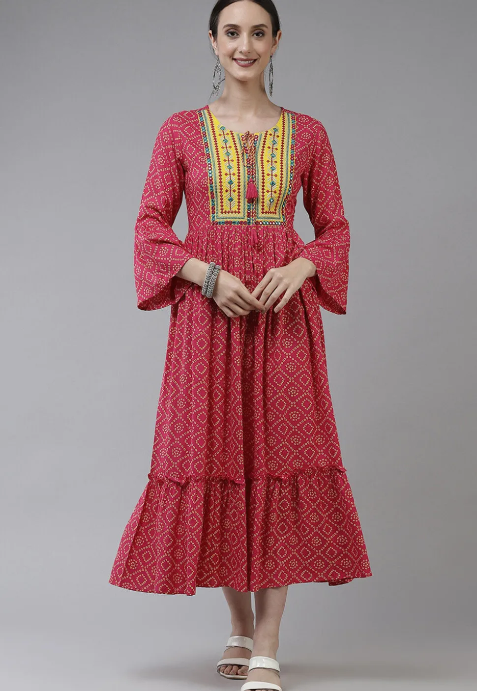 Bandhej Printed Viscose Rayon Dress in Dark Pink