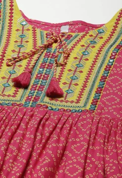 Bandhej Printed Viscose Rayon Dress in Dark Pink