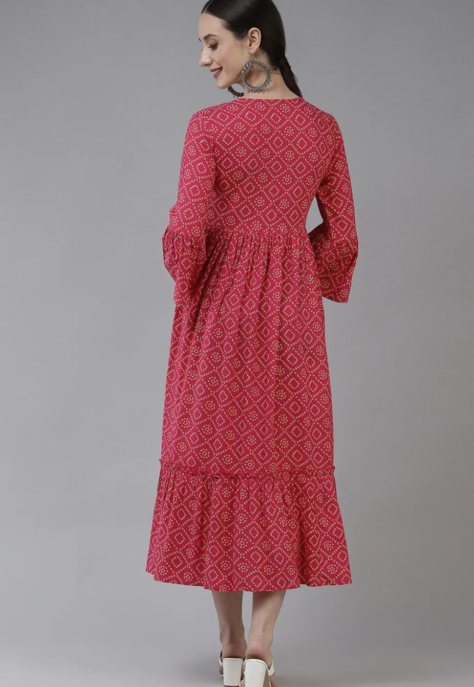 Bandhej Printed Viscose Rayon Dress in Dark Pink