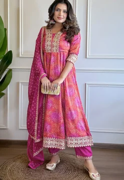 Bandhej Printed Viscose Silk Anarkali Suit in Magenta and Orange