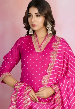 Bandhej Printed Viscose Silk Pakistani Suit in Fuchsia