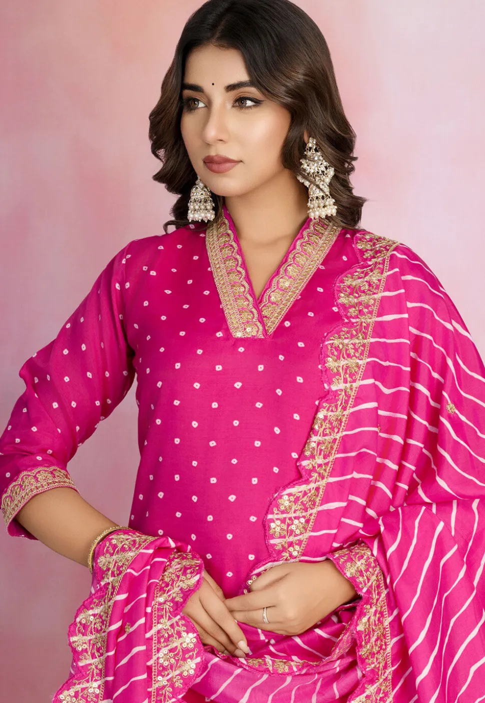 Bandhej Printed Viscose Silk Pakistani Suit in Fuchsia