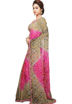 Bandhej Pure Chinon Crepe Saree in Shaded Beige and Fuchsia