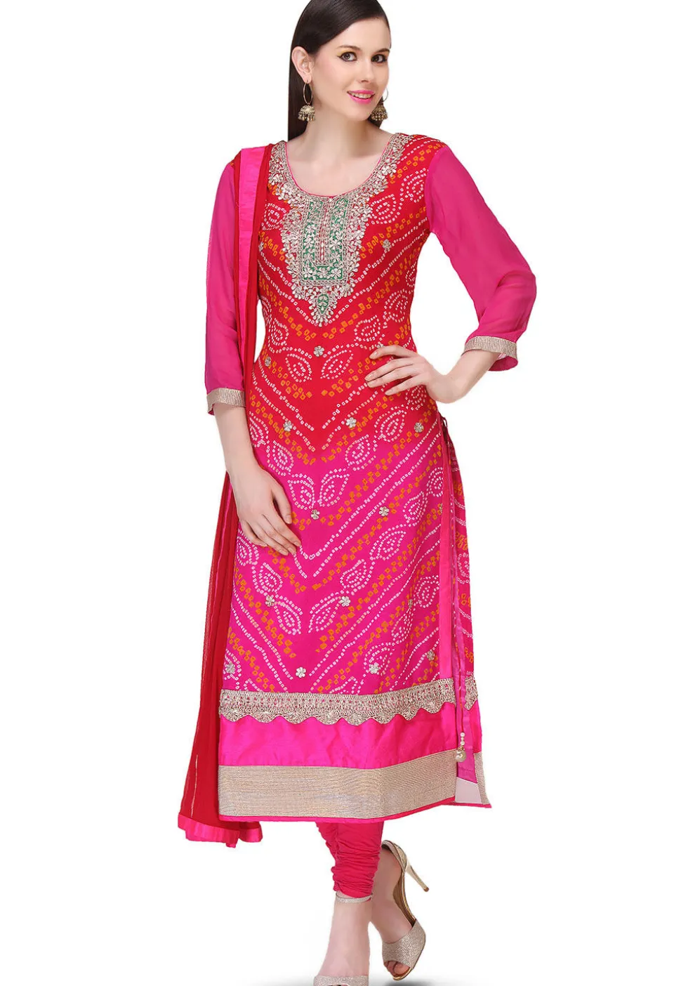 Bandhej Pure Chinon Crepe Straight Cut Suit in Red and Fuchsia