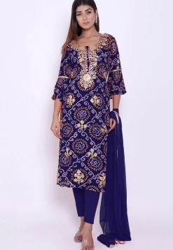 Bandhej Pure Chinon Crepe Straight Suit in Royal Blue