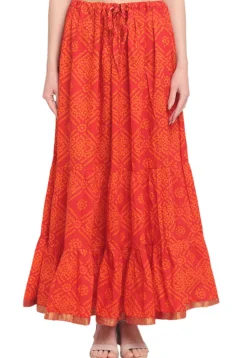 Bandhej Pure Cotton Tiered Skirt in Orange