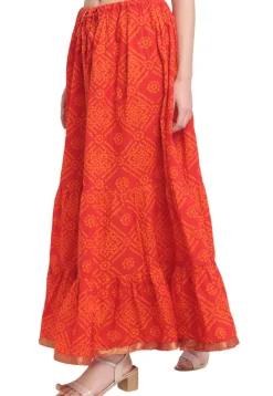 Bandhej Pure Cotton Tiered Skirt in Orange