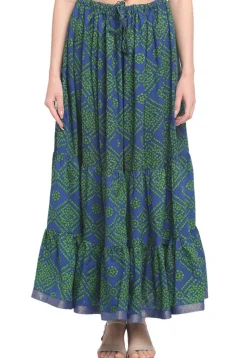 Bandhej Pure Cotton Tiered Skirt in Navy Blue