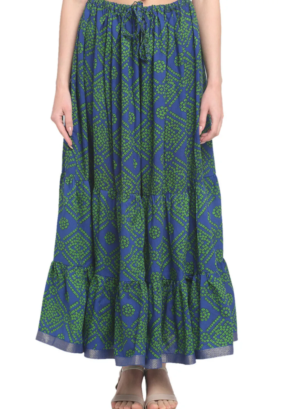 Bandhej Pure Cotton Tiered Skirt in Navy Blue