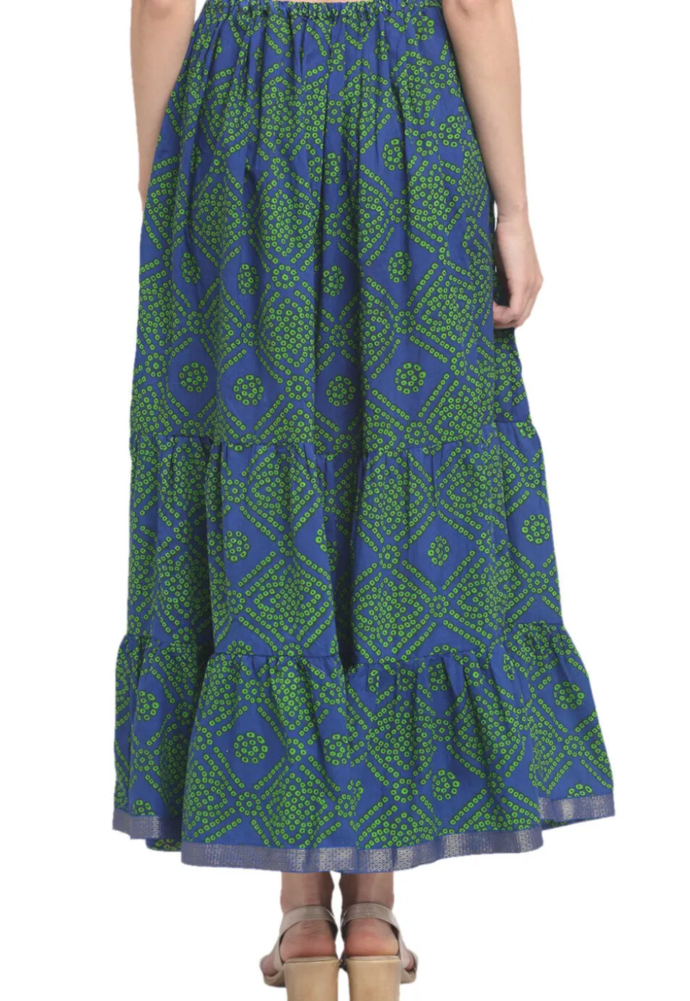 Bandhej Pure Cotton Tiered Skirt in Navy Blue