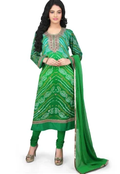 Bandhej Pure Crepe Chinon Straight Cut Suit in Green