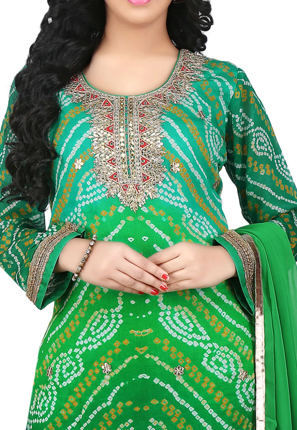 Bandhej Pure Crepe Chinon Straight Cut Suit in Green