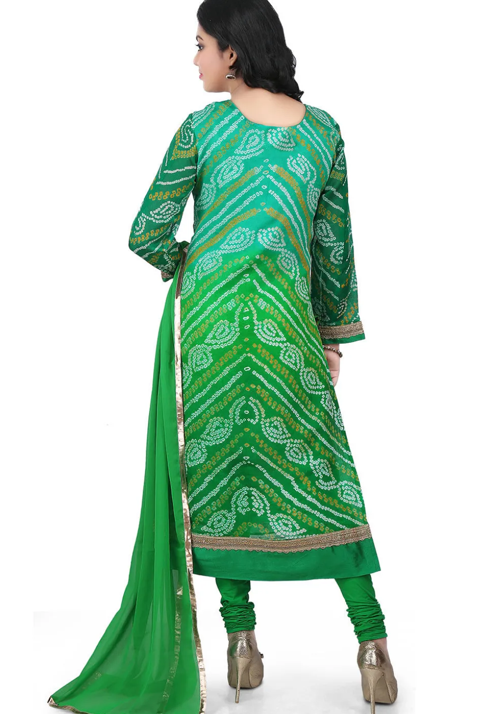 Bandhej Pure Crepe Chinon Straight Cut Suit in Green