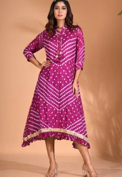 Bandhej Pure Silk Symmetric Dress in Purple