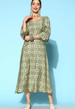 Batik Printed Art Silk Front Slit Dress in Olive Green