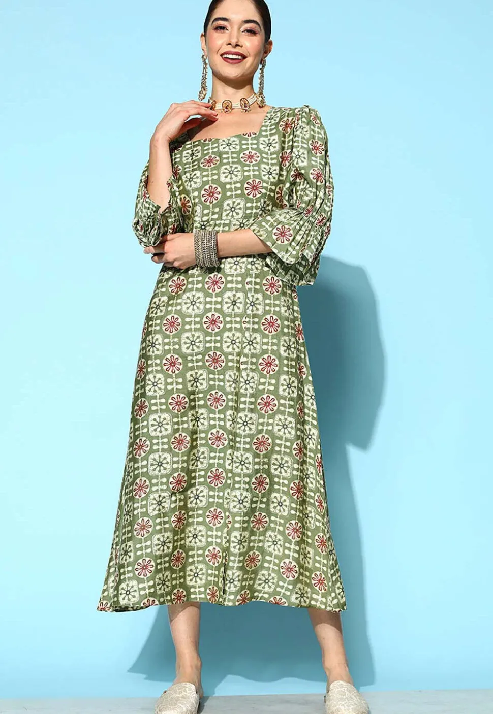 Batik Printed Art Silk Front Slit Dress in Olive Green