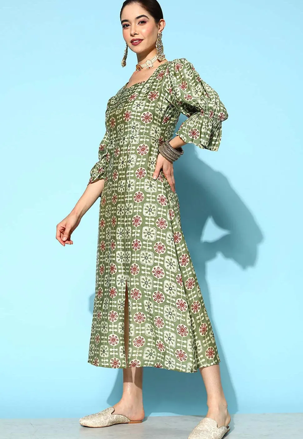Batik Printed Art Silk Front Slit Dress in Olive Green