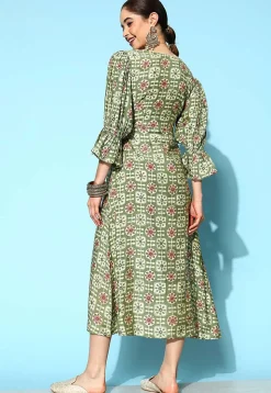 Batik Printed Art Silk Front Slit Dress in Olive Green