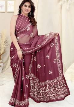 Batik Printed Chiffon Saree in Dark Purple