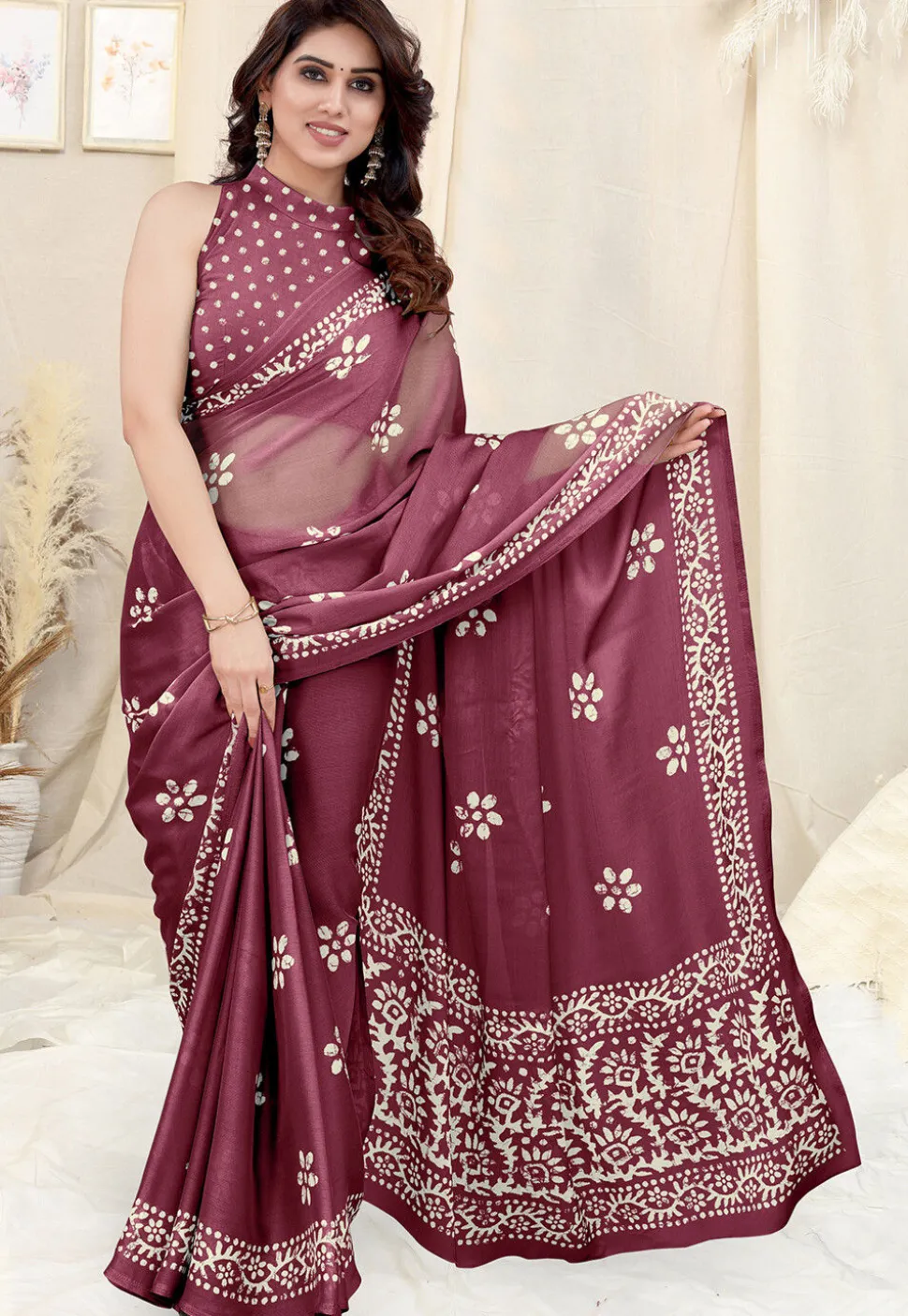 Batik Printed Chiffon Saree in Dark Purple