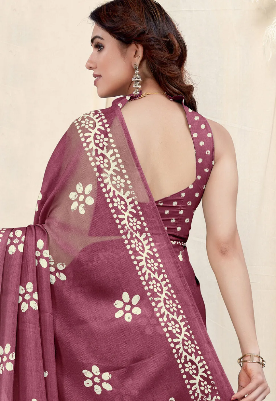 Batik Printed Chiffon Saree in Dark Purple