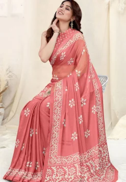 Batik Printed Chinon Chiffon Saree in Peach
