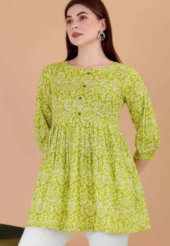 Batik Printed Cotton A Line Kurti in Green