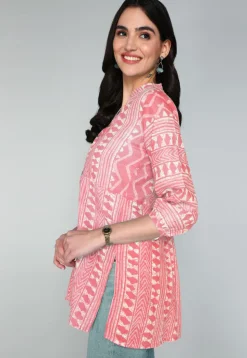 Batik Printed Cotton A Line Kurti in Peach