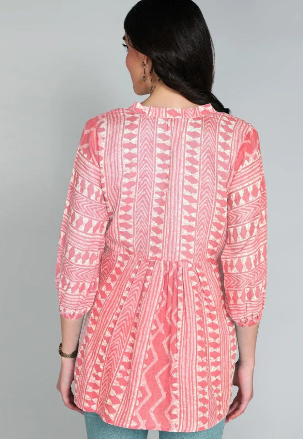 Batik Printed Cotton A Line Kurti in Peach