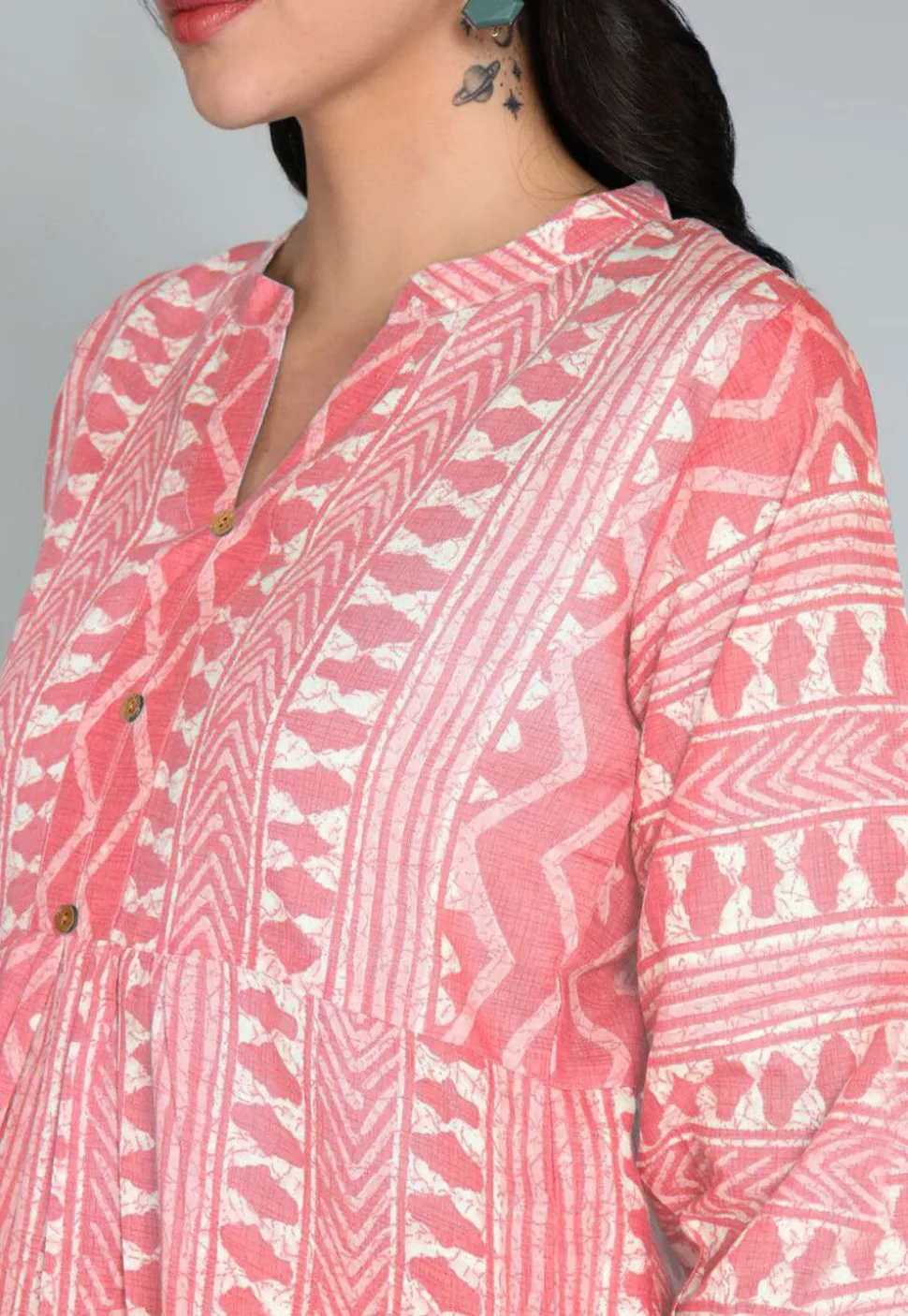 Batik Printed Cotton A Line Kurti in Peach