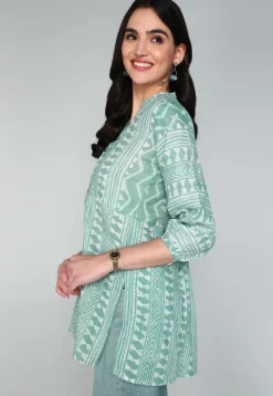 Batik Printed Cotton A Line Kurti in Sea Green
