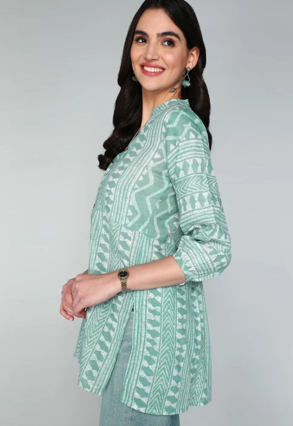 Batik Printed Cotton A Line Kurti in Sea Green