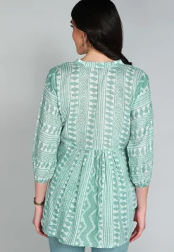 Batik Printed Cotton A Line Kurti in Sea Green