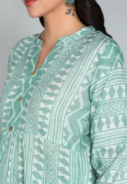 Batik Printed Cotton A Line Kurti in Sea Green