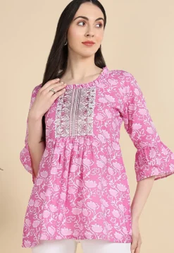 Batik Printed Cotton A Line Kurti in Pink