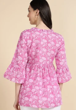 Batik Printed Cotton A Line Kurti in Pink