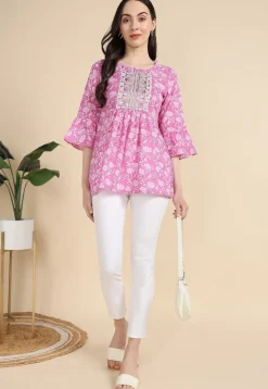 Batik Printed Cotton A Line Kurti in Pink