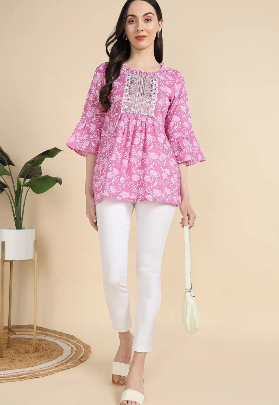 Batik Printed Cotton A Line Kurti in Pink