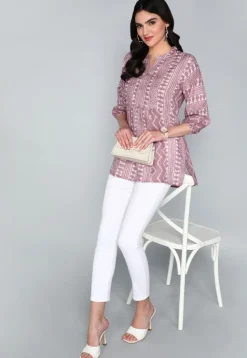 Batik Printed Cotton A Line Kurti in Old Rose