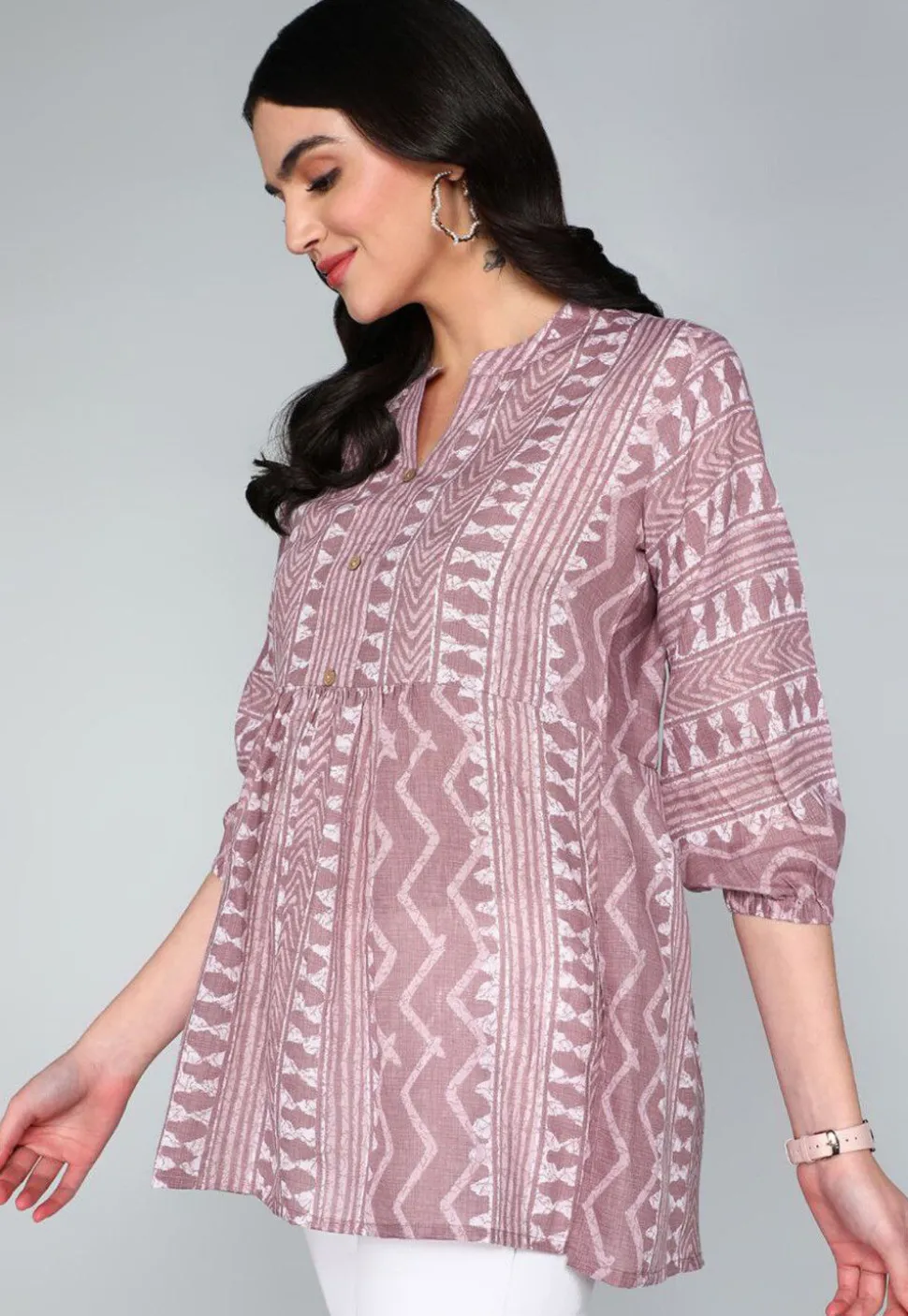 Batik Printed Cotton A Line Kurti in Old Rose