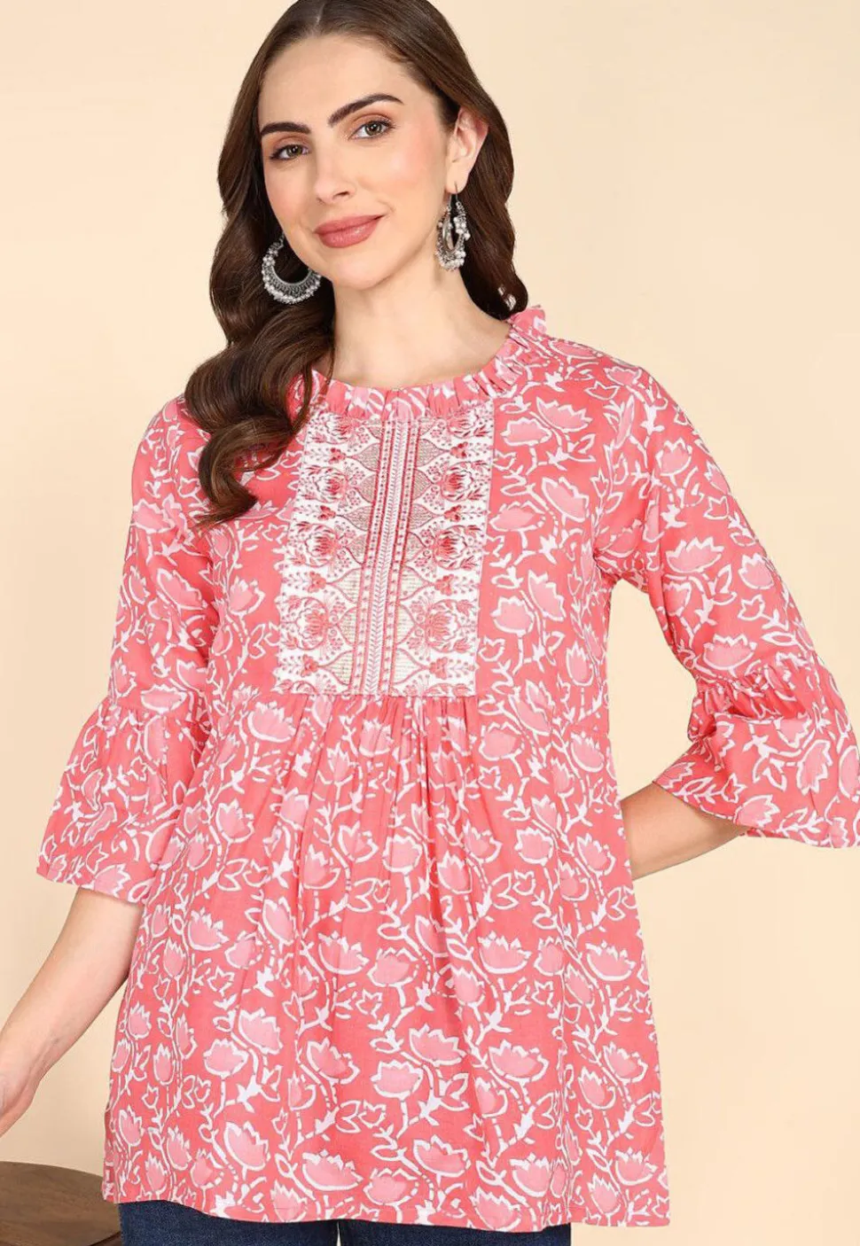 Batik Printed Cotton A Line Kurti in Peach