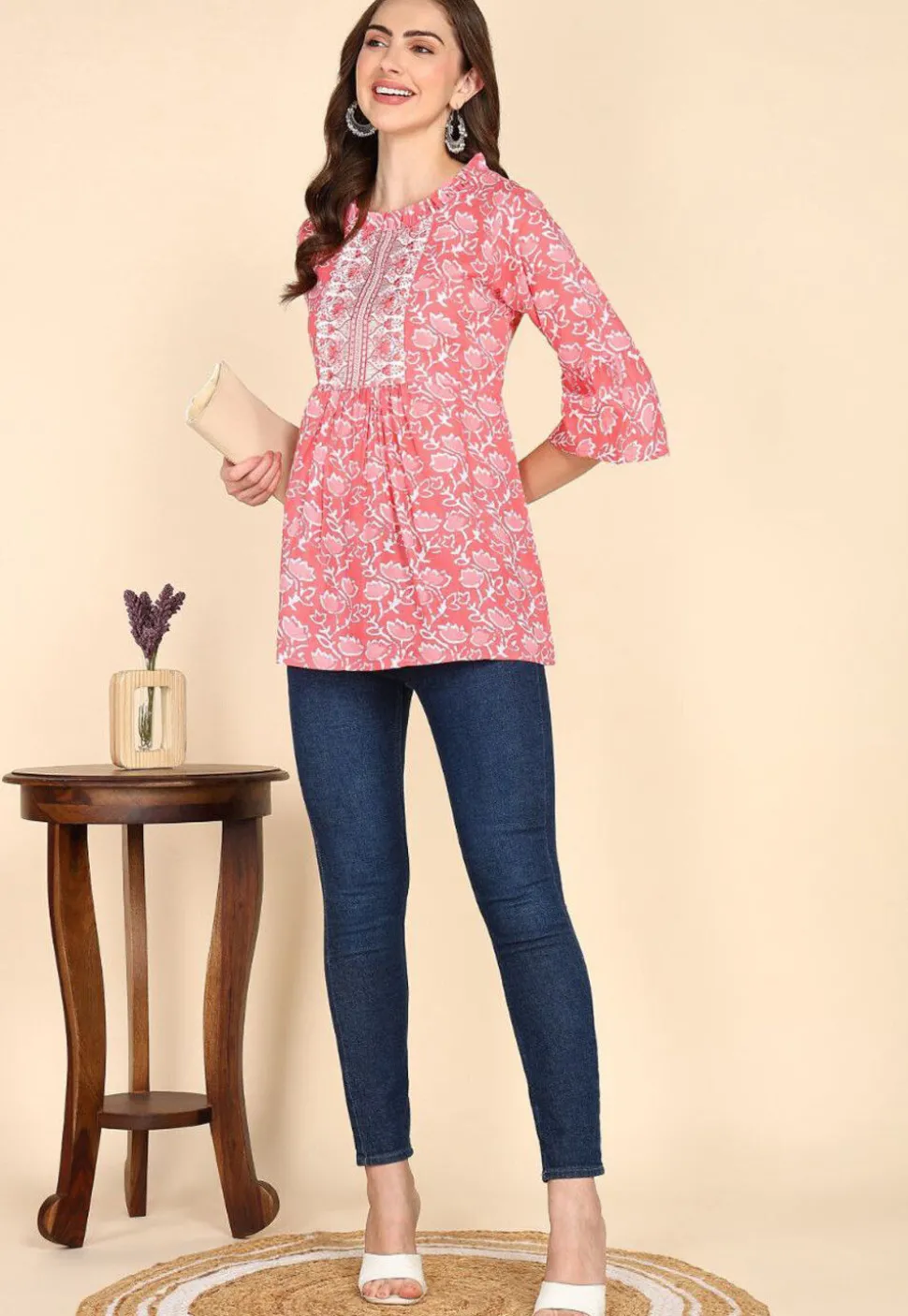 Batik Printed Cotton A Line Kurti in Peach