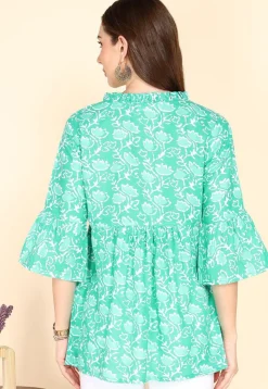Batik Printed Cotton A Line Kurti in Sea Green