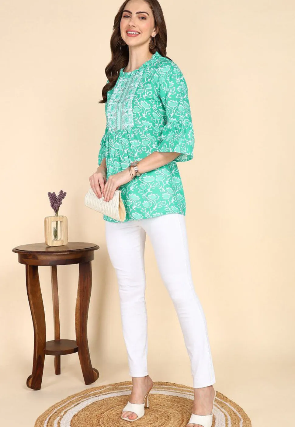Batik Printed Cotton A Line Kurti in Sea Green