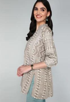 Batik Printed Cotton A Line Kurti in Beige