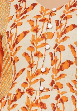 Batik Printed Cotton A Line Suit in Beige and Orange